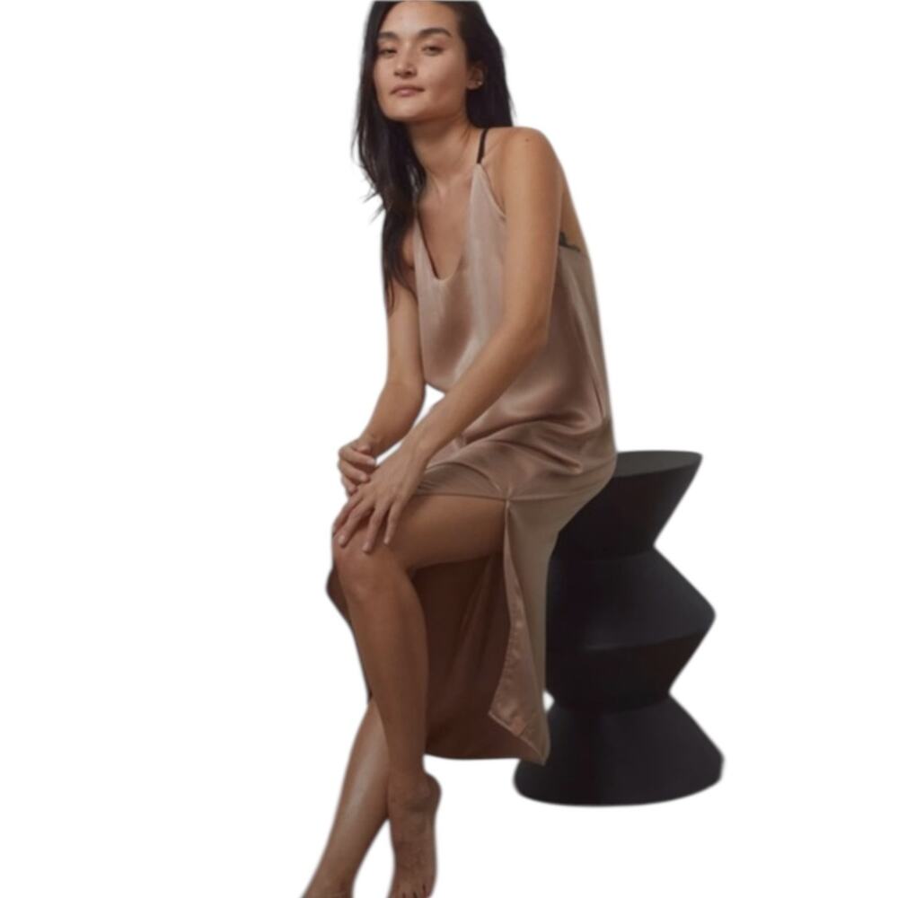 Lunya Washable Mulberry Silk Otium Tan Immersed Black Strap Slip Dress Size L